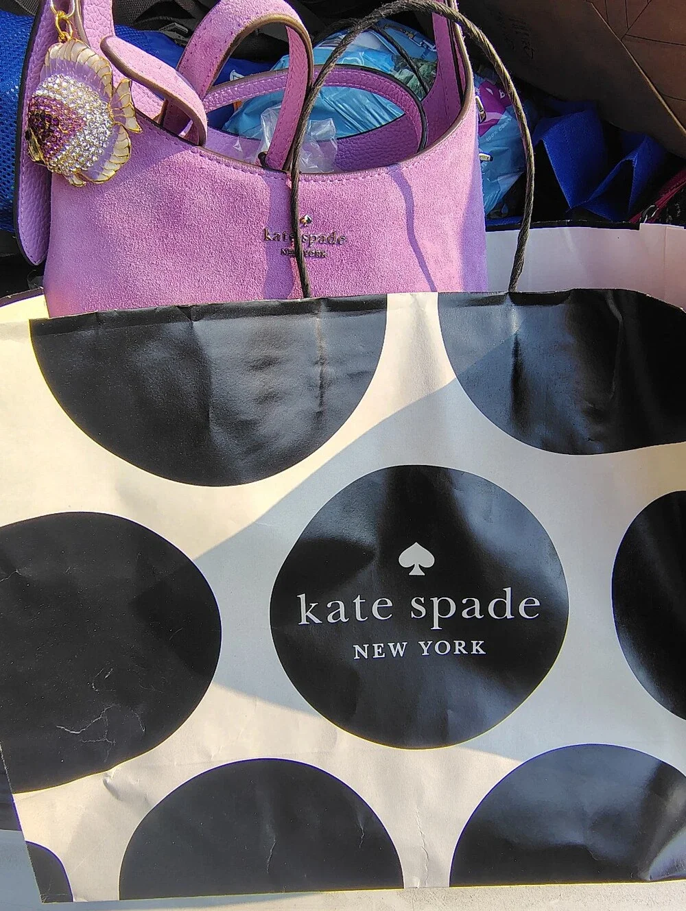 kate spade lavender suede shoulder bag with crystal fish charm